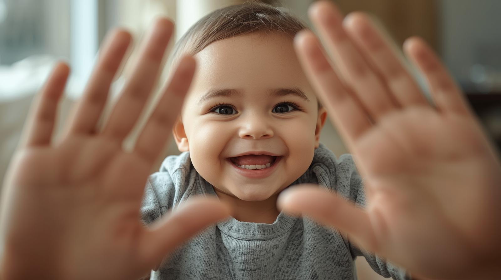 a child smiling while a parent puts their hands in front of the camera